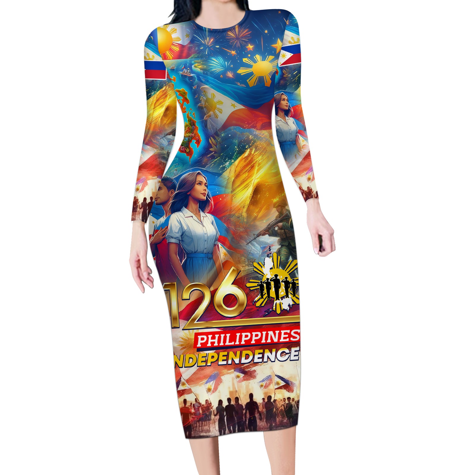 Custom The Philippines 126th Independence Anniversary Long Sleeve Bodycon Dress Art Style
