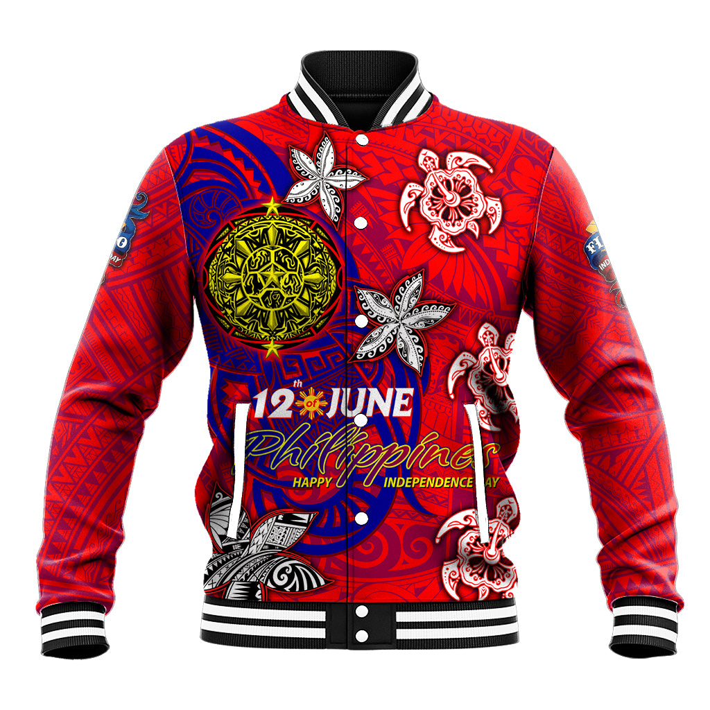 Personalized Philippines 12 June Independence Day Baseball Jacket Polynesian Turtle Plumeria