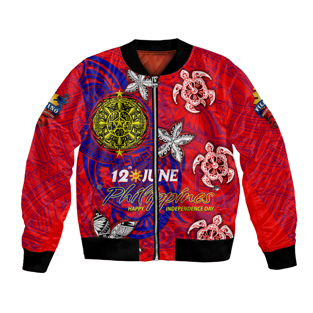 Personalized Philippines 12 June Independence Day Bomber Jacket Polynesian Turtle Plumeria
