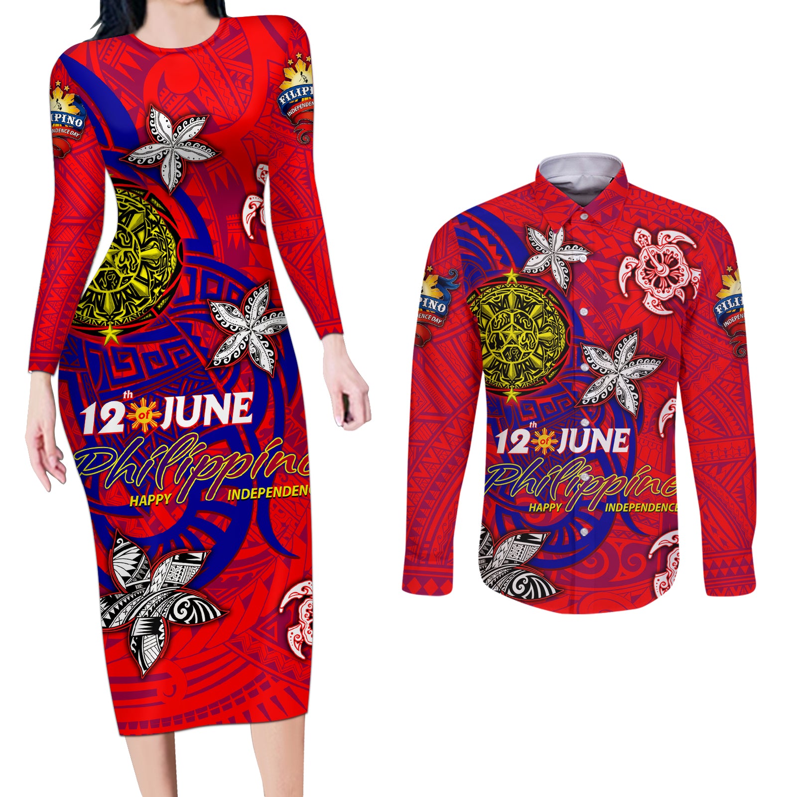 Personalized Philippines 12 June Independence Day Couples Matching Long Sleeve Bodycon Dress and Long Sleeve Button Shirt Polynesian Turtle Plumeria