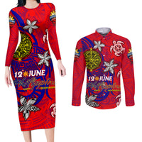Personalized Philippines 12 June Independence Day Couples Matching Long Sleeve Bodycon Dress and Long Sleeve Button Shirt Polynesian Turtle Plumeria