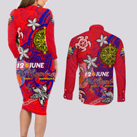 Personalized Philippines 12 June Independence Day Couples Matching Long Sleeve Bodycon Dress and Long Sleeve Button Shirt Polynesian Turtle Plumeria