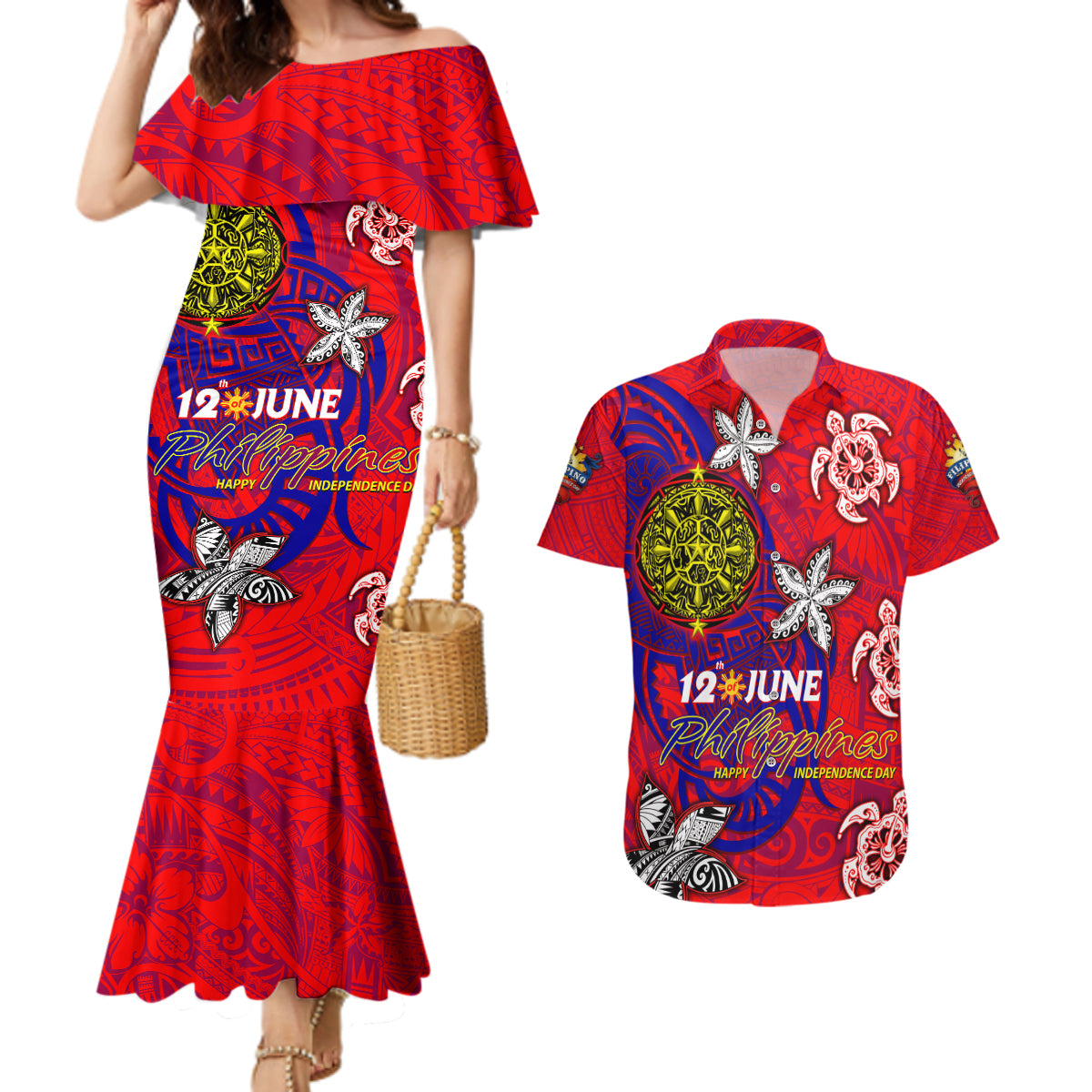 Personalized Philippines 12 June Independence Day Couples Matching Mermaid Dress and Hawaiian Shirt Polynesian Turtle Plumeria
