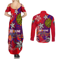 Personalized Philippines 12 June Independence Day Couples Matching Summer Maxi Dress and Long Sleeve Button Shirt Polynesian Turtle Plumeria