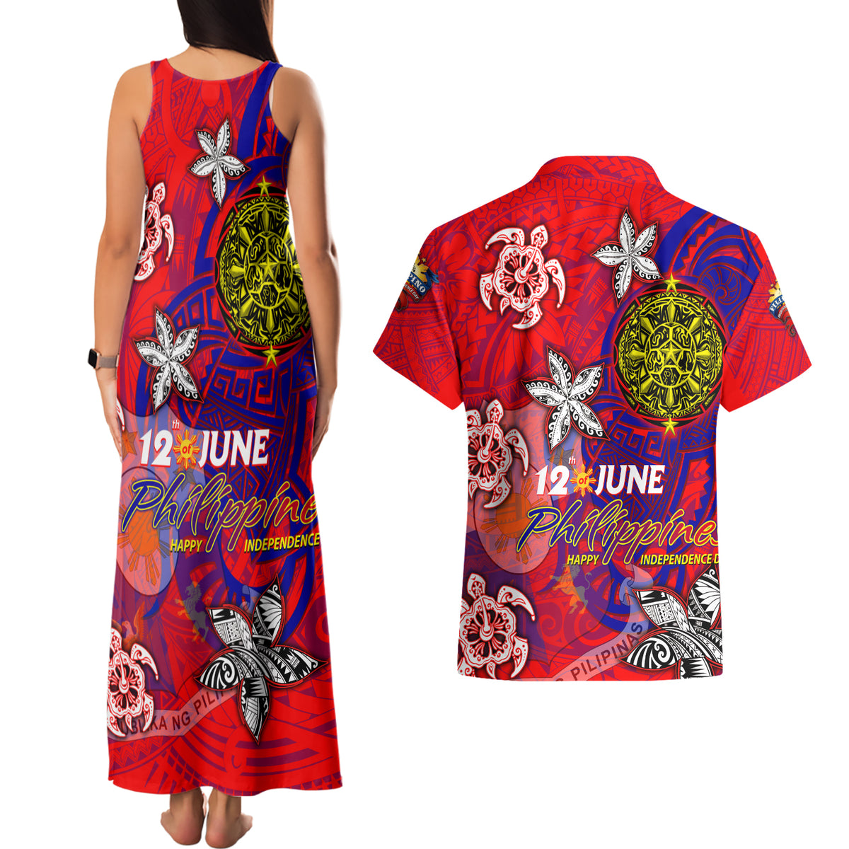 Personalized Philippines 12 June Independence Day Couples Matching Tank Maxi Dress and Hawaiian Shirt Polynesian Turtle Plumeria