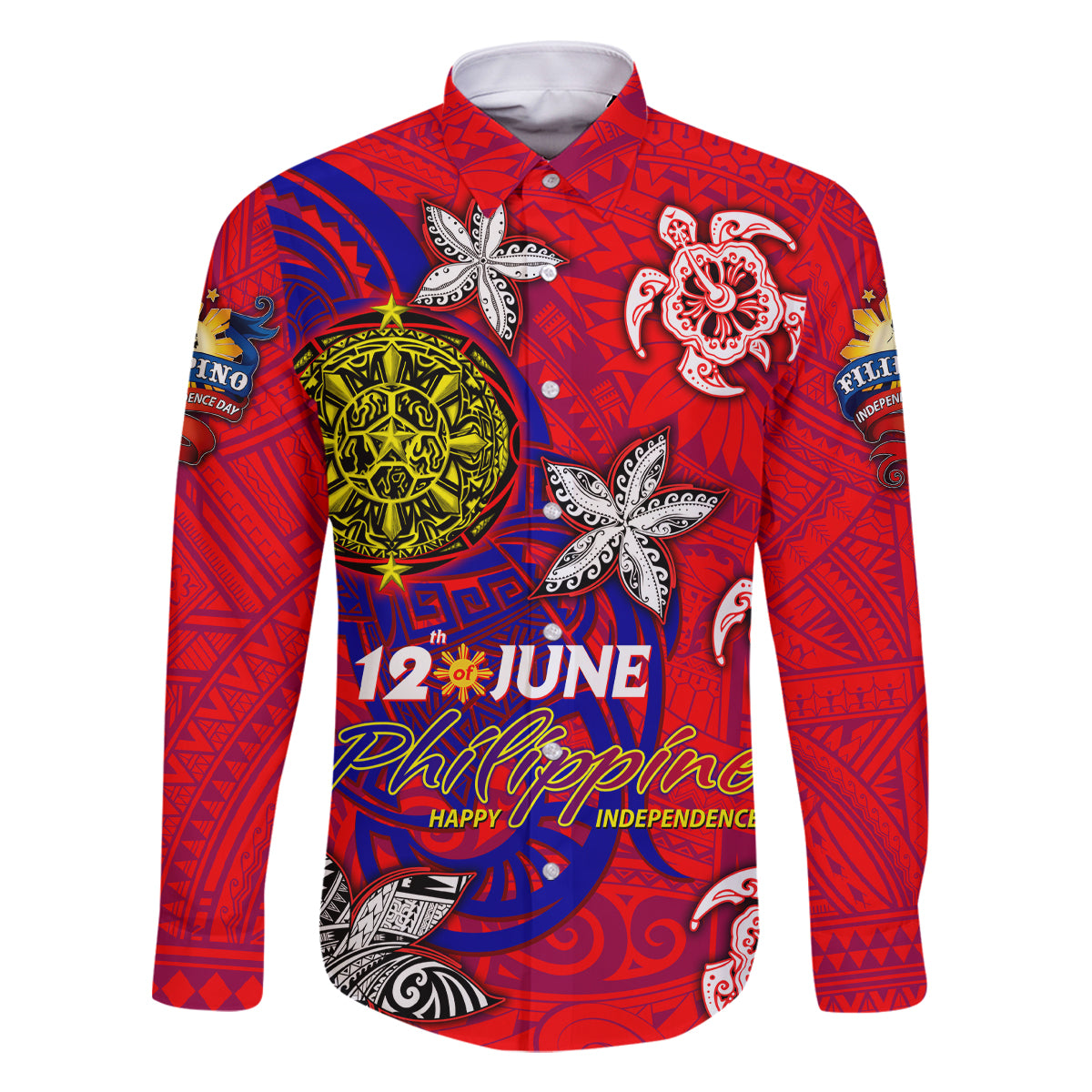 Personalized Philippines 12 June Independence Day Family Matching Long Sleeve Bodycon Dress and Hawaiian Shirt Polynesian Turtle Plumeria