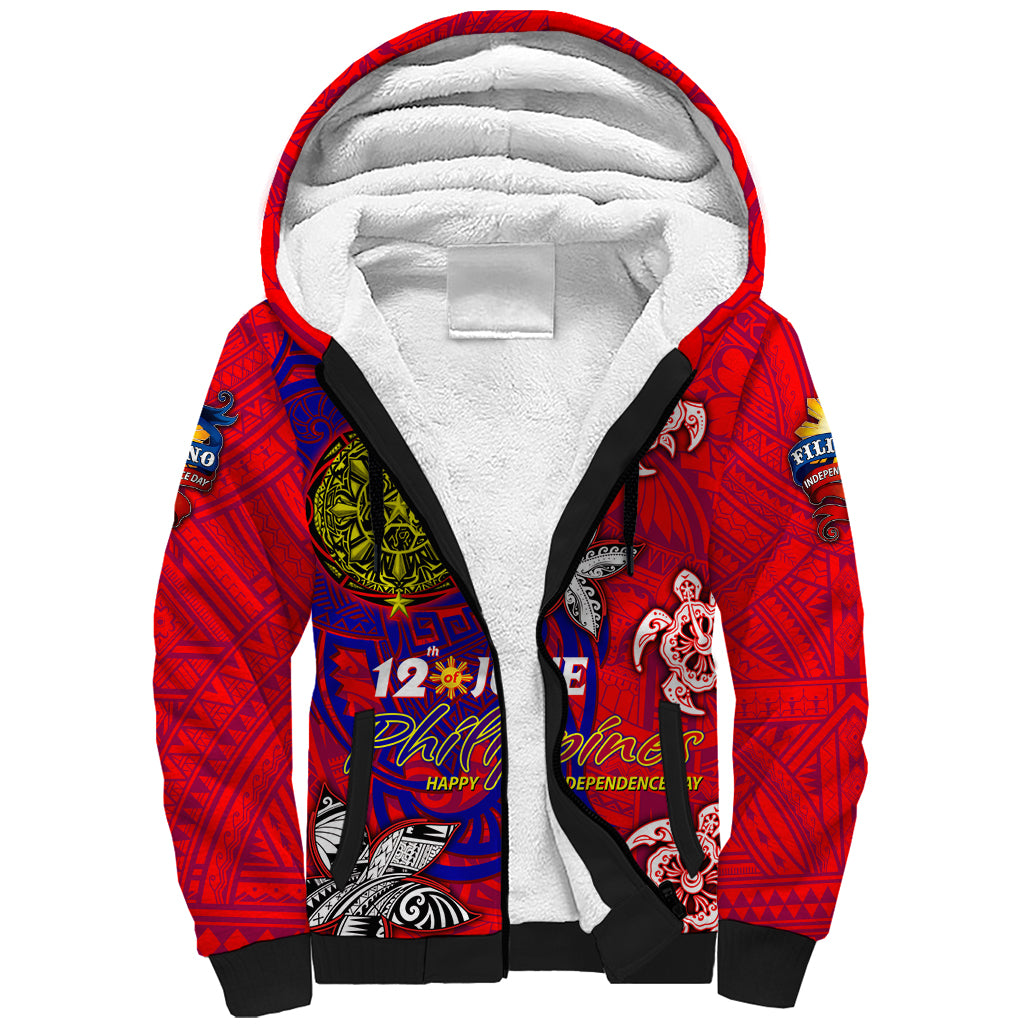 Personalized Philippines 12 June Independence Day Sherpa Hoodie Polynesian Turtle Plumeria