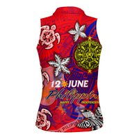 Personalized Philippines 12 June Independence Day Women Sleeveless Polo Shirt Polynesian Turtle Plumeria