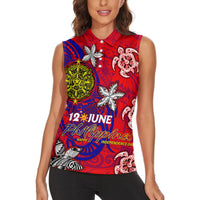 Personalized Philippines 12 June Independence Day Women Sleeveless Polo Shirt Polynesian Turtle Plumeria