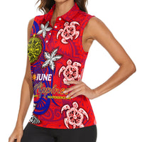 Personalized Philippines 12 June Independence Day Women Sleeveless Polo Shirt Polynesian Turtle Plumeria