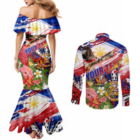 Personalized Philippines Independence Day Couples Matching Mermaid Dress and Long Sleeve Button Shirt Polynesia Filipinas Eagle Hibiscus
