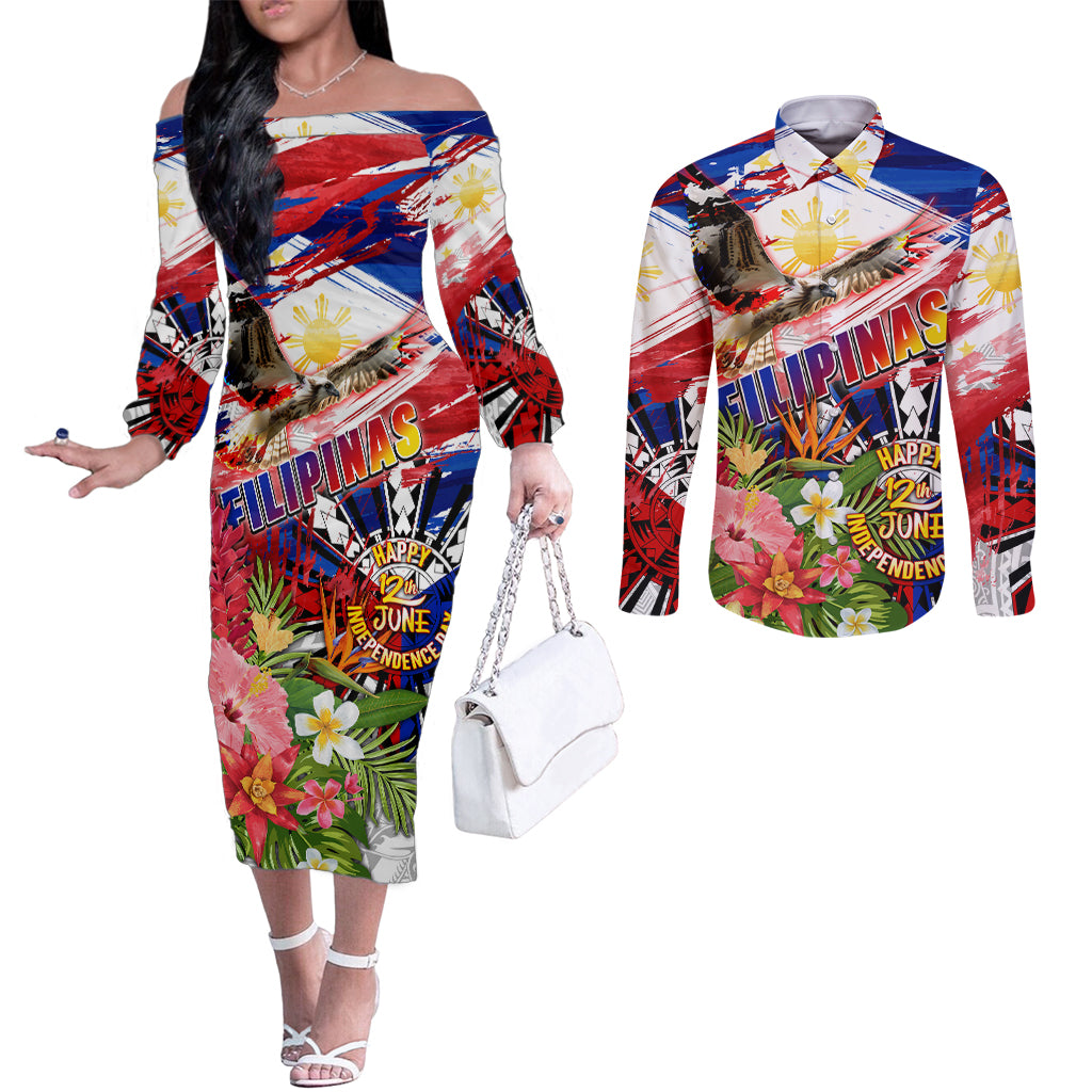 Personalized Philippines Independence Day Couples Matching Off The Shoulder Long Sleeve Dress and Long Sleeve Button Shirt Polynesia Filipinas Eagle Hibiscus