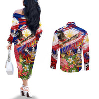Personalized Philippines Independence Day Couples Matching Off The Shoulder Long Sleeve Dress and Long Sleeve Button Shirt Polynesia Filipinas Eagle Hibiscus