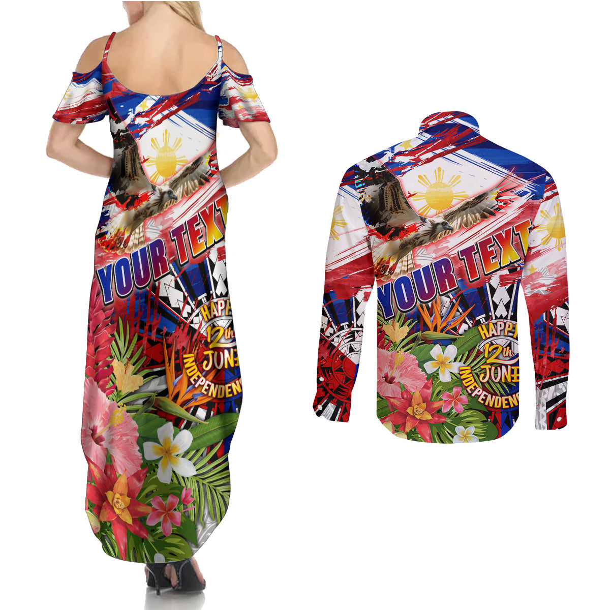Personalized Philippines Independence Day Couples Matching Summer Maxi Dress and Long Sleeve Button Shirt Polynesia Filipinas Eagle Hibiscus