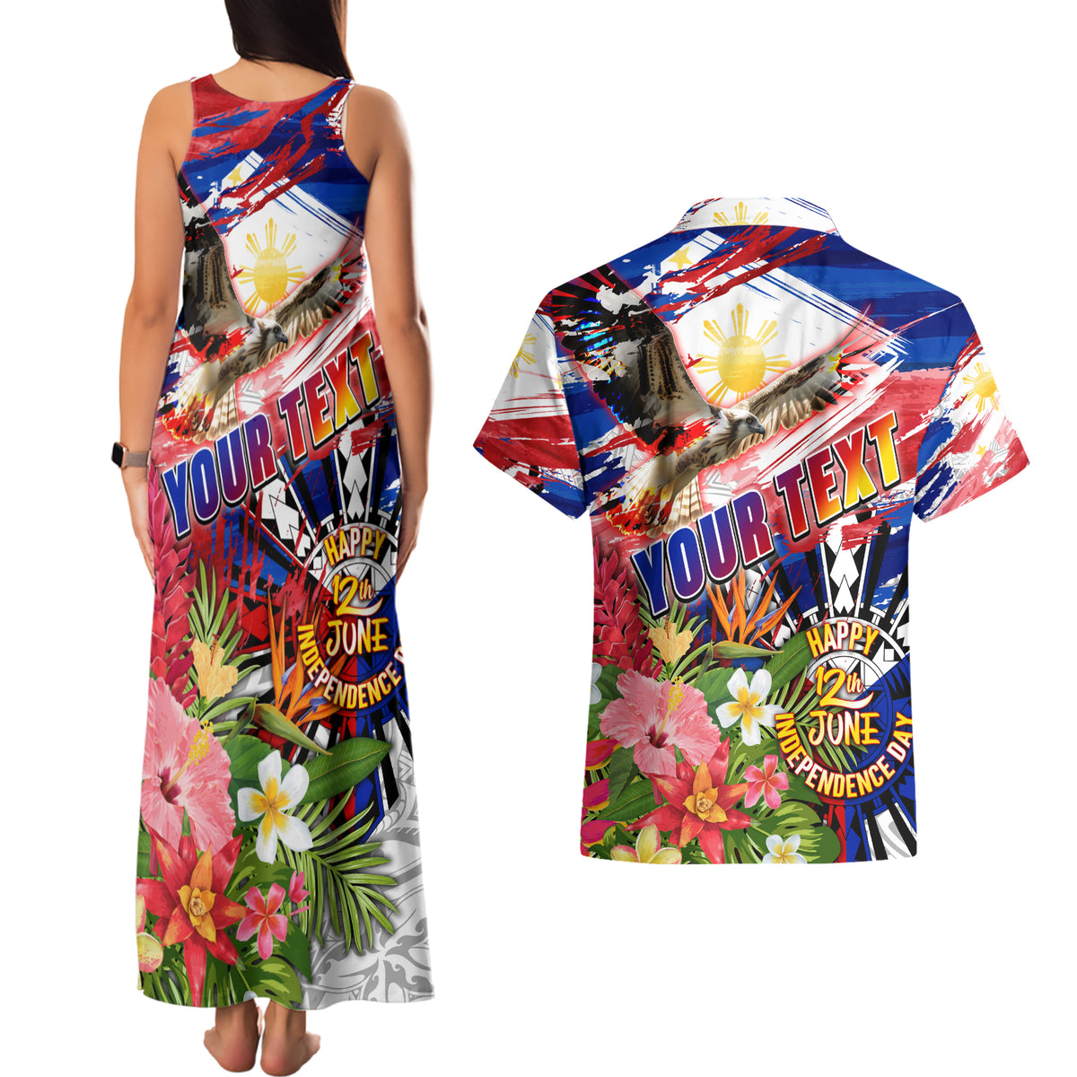 Personalized Philippines Independence Day Couples Matching Tank Maxi Dress and Hawaiian Shirt Polynesia Filipinas Eagle Hibiscus