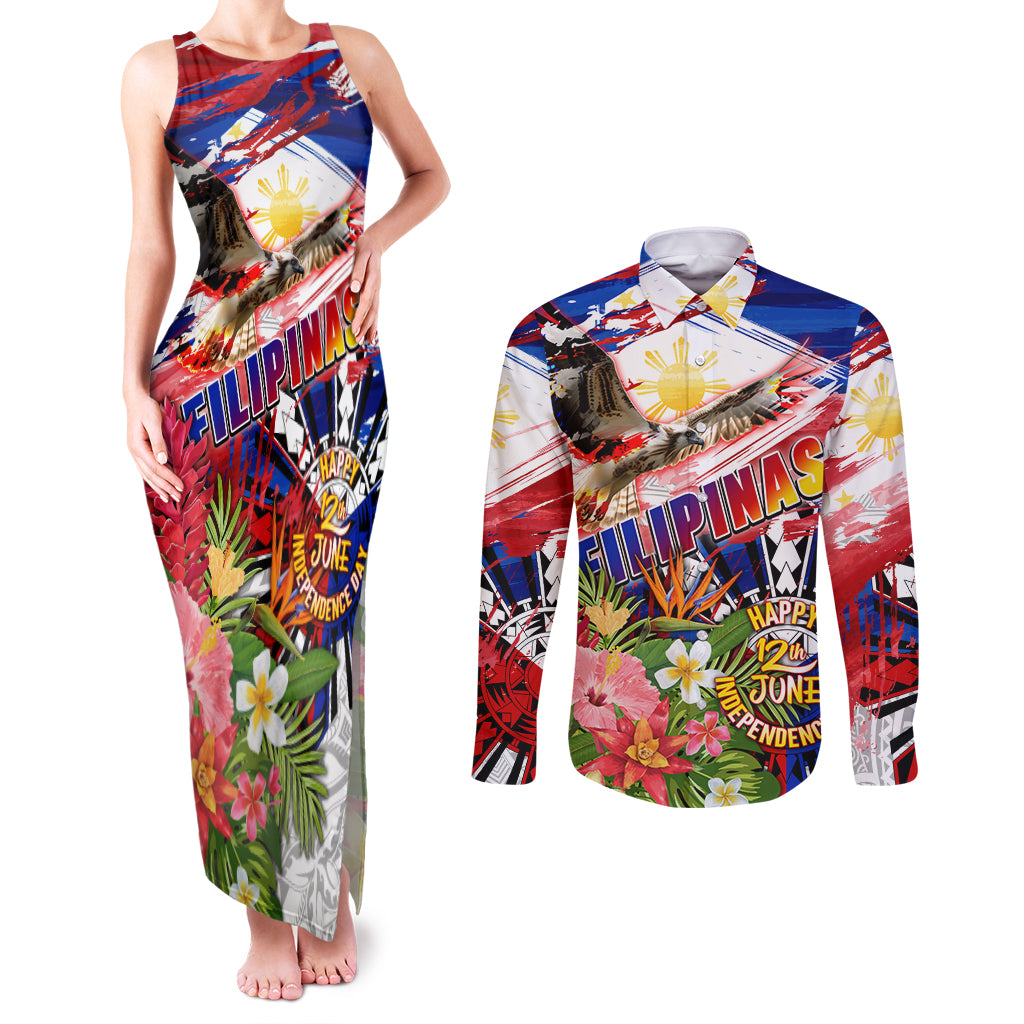 Personalized Philippines Independence Day Couples Matching Tank Maxi Dress and Long Sleeve Button Shirt Polynesia Filipinas Eagle Hibiscus