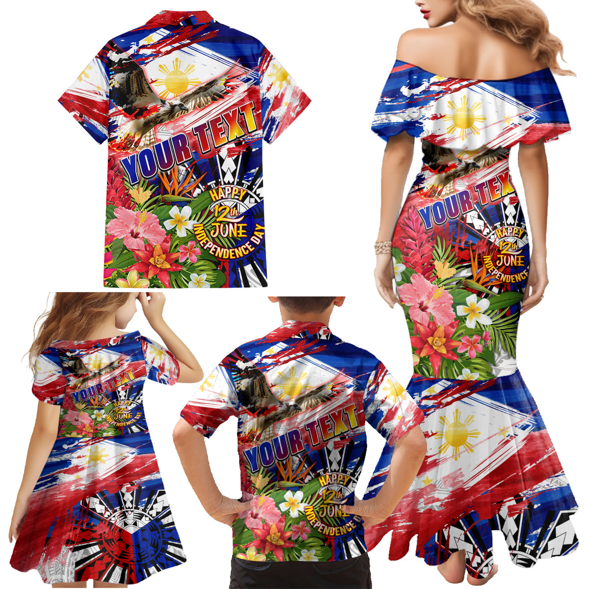 Personalized Philippines Independence Day Family Matching Mermaid Dress and Hawaiian Shirt Polynesia Filipinas Eagle Hibiscus