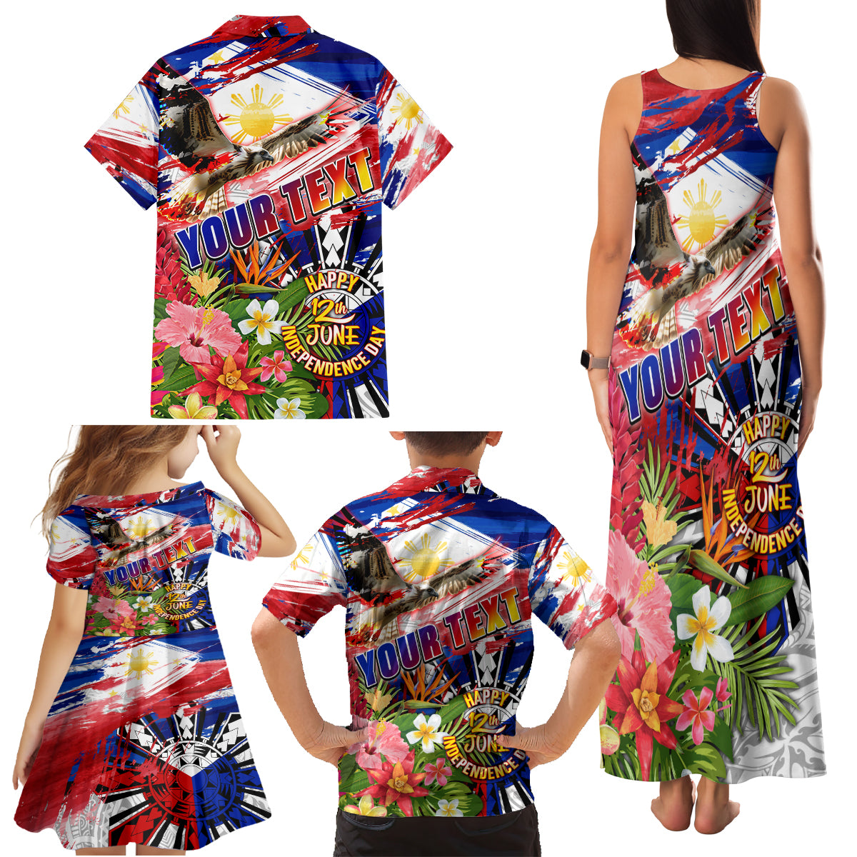 Personalized Philippines Independence Day Family Matching Tank Maxi Dress and Hawaiian Shirt Polynesia Filipinas Eagle Hibiscus
