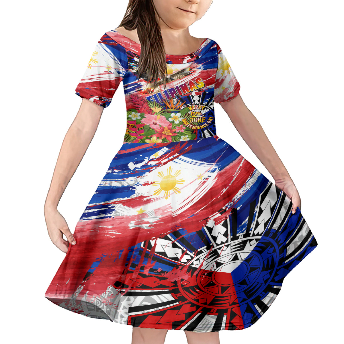 Personalized Philippines Independence Day Kid Short Sleeve Dress Polynesia Filipinas Eagle Hibiscus