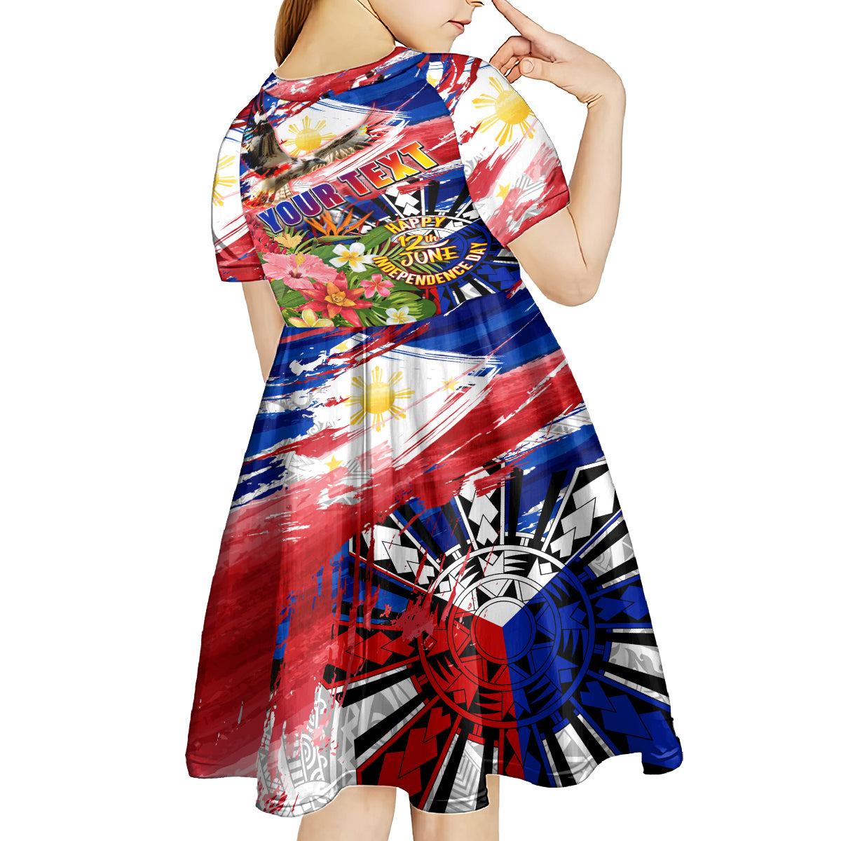 Personalized Philippines Independence Day Kid Short Sleeve Dress Polynesia Filipinas Eagle Hibiscus