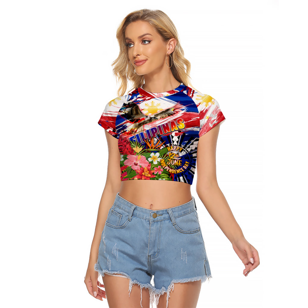 Personalized Philippines Independence Day Raglan Cropped T Shirt Polynesia Filipinas Eagle Hibiscus