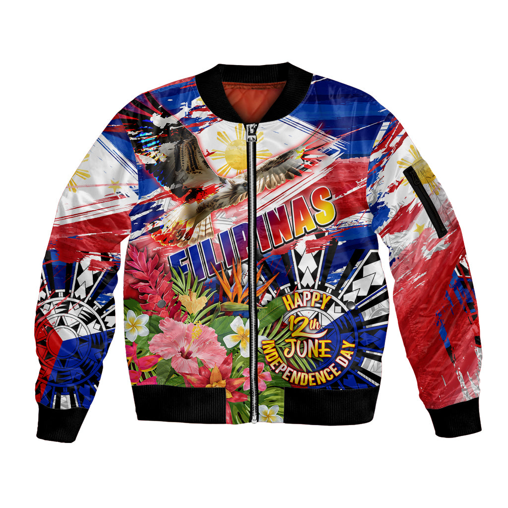 Personalized Philippines Independence Day Sleeve Zip Bomber Jacket Polynesia Filipinas Eagle Hibiscus