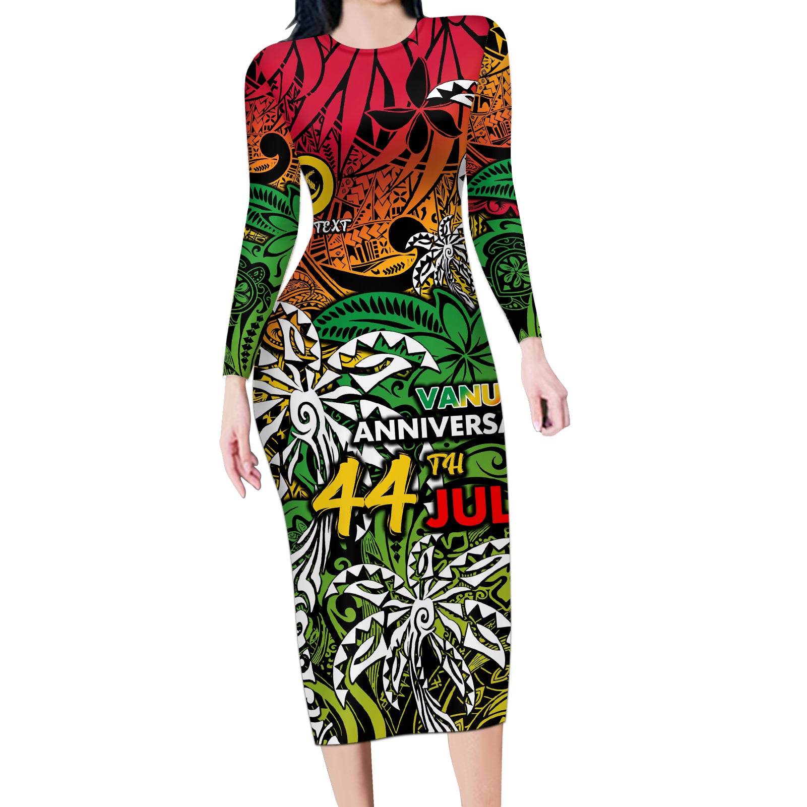 Personalised Vanuatu 44th Independence Anniversary Long Sleeve Bodycon Dress Melanesian Pattern Reggae