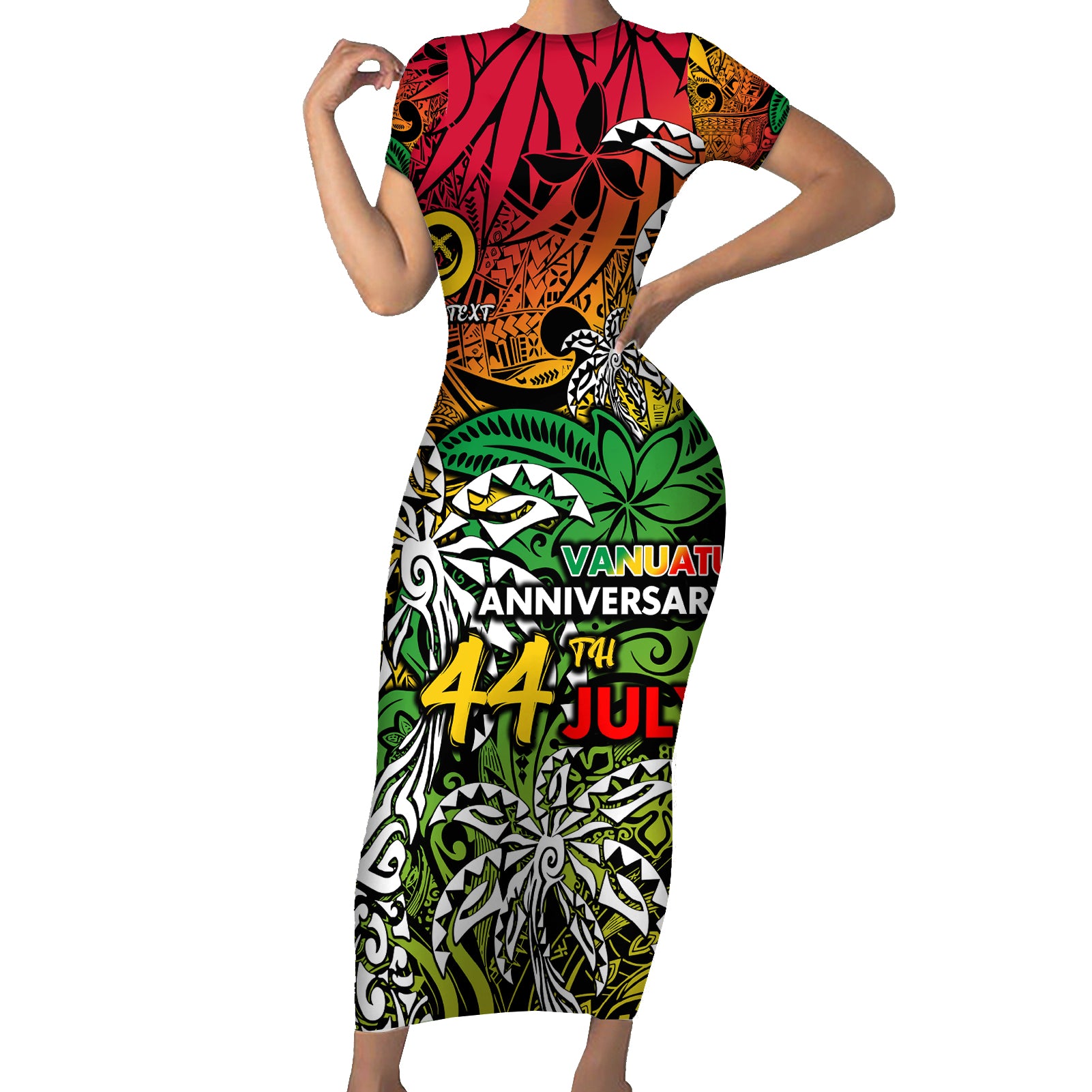 Personalised Vanuatu 44th Independence Anniversary Short Sleeve Bodycon Dress Melanesian Pattern Reggae