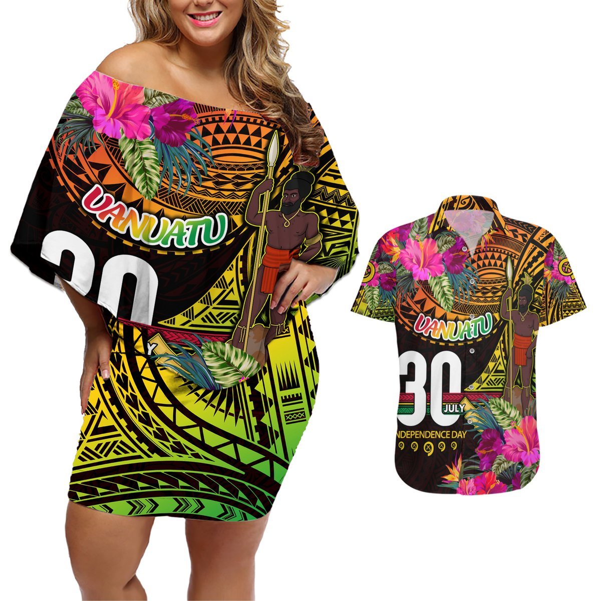 Personalised Vanuatu Independence Day 30 July Couples Matching Off Shoulder Short Dress and Hawaiian Shirt Hibiscus Polynesian Pattern DT02 Yellow - Polynesian Pride