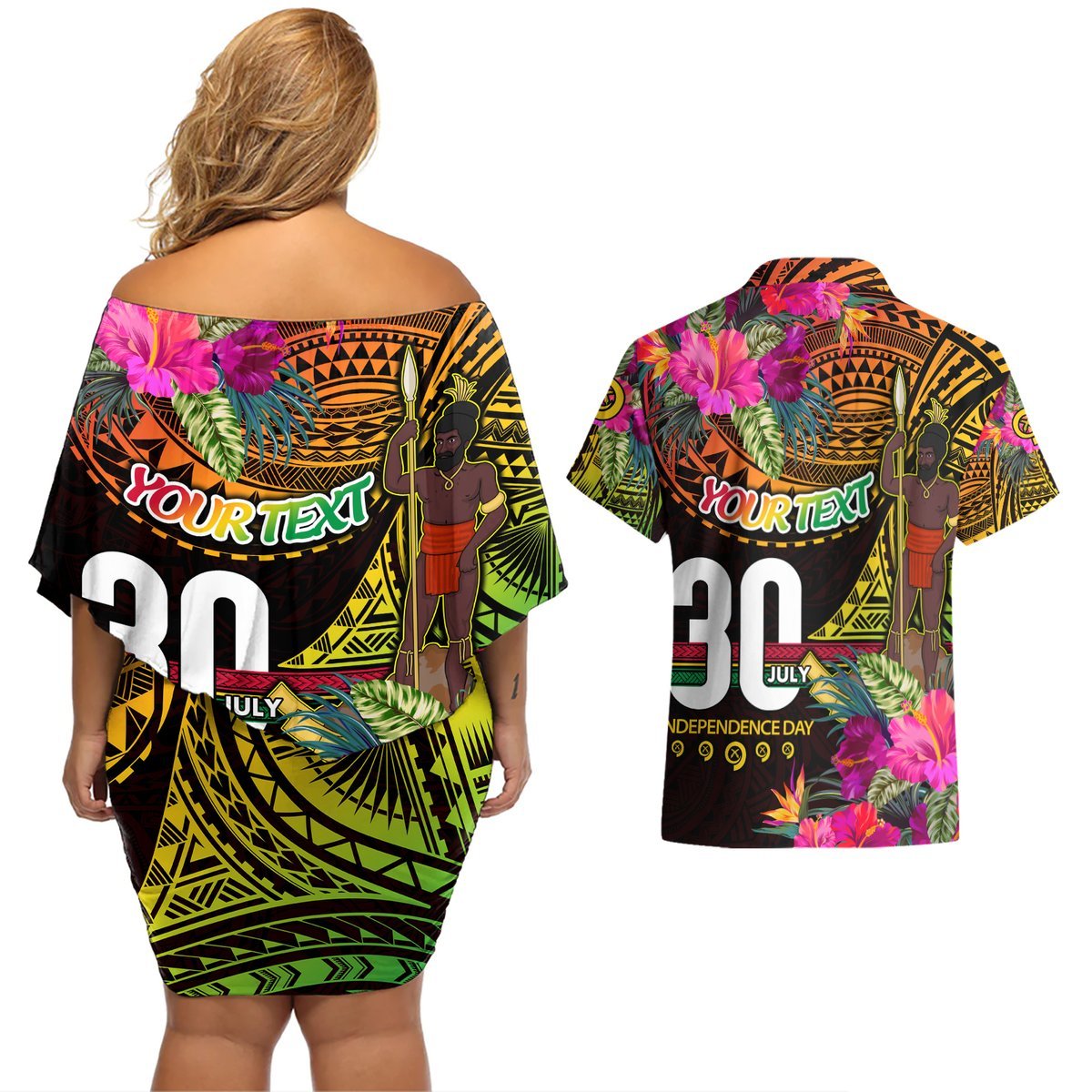Personalised Vanuatu Independence Day 30 July Couples Matching Off Shoulder Short Dress and Hawaiian Shirt Hibiscus Polynesian Pattern DT02 - Polynesian Pride