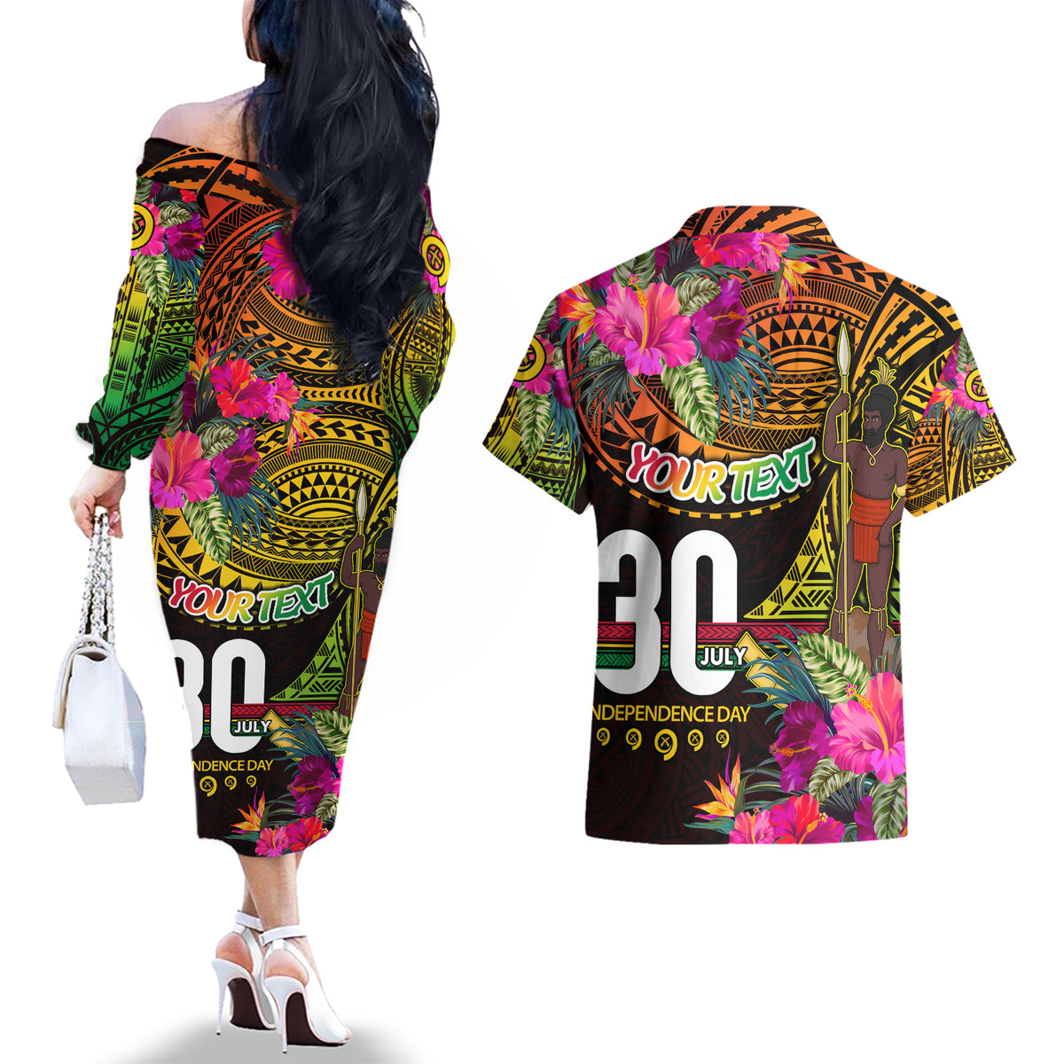 Personalised Vanuatu Independence Day 30 July Couples Matching Off The Shoulder Long Sleeve Dress and Hawaiian Shirt Hibiscus Polynesian Pattern