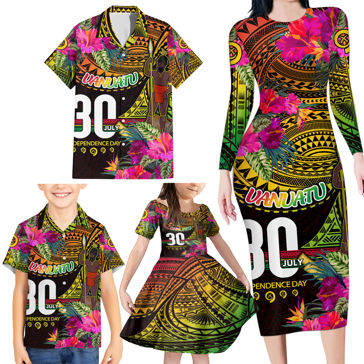 Personalised Vanuatu Independence Day 30 July Family Matching Long Sleeve Bodycon Dress and Hawaiian Shirt Hibiscus Polynesian Pattern DT02 - Polynesian Pride