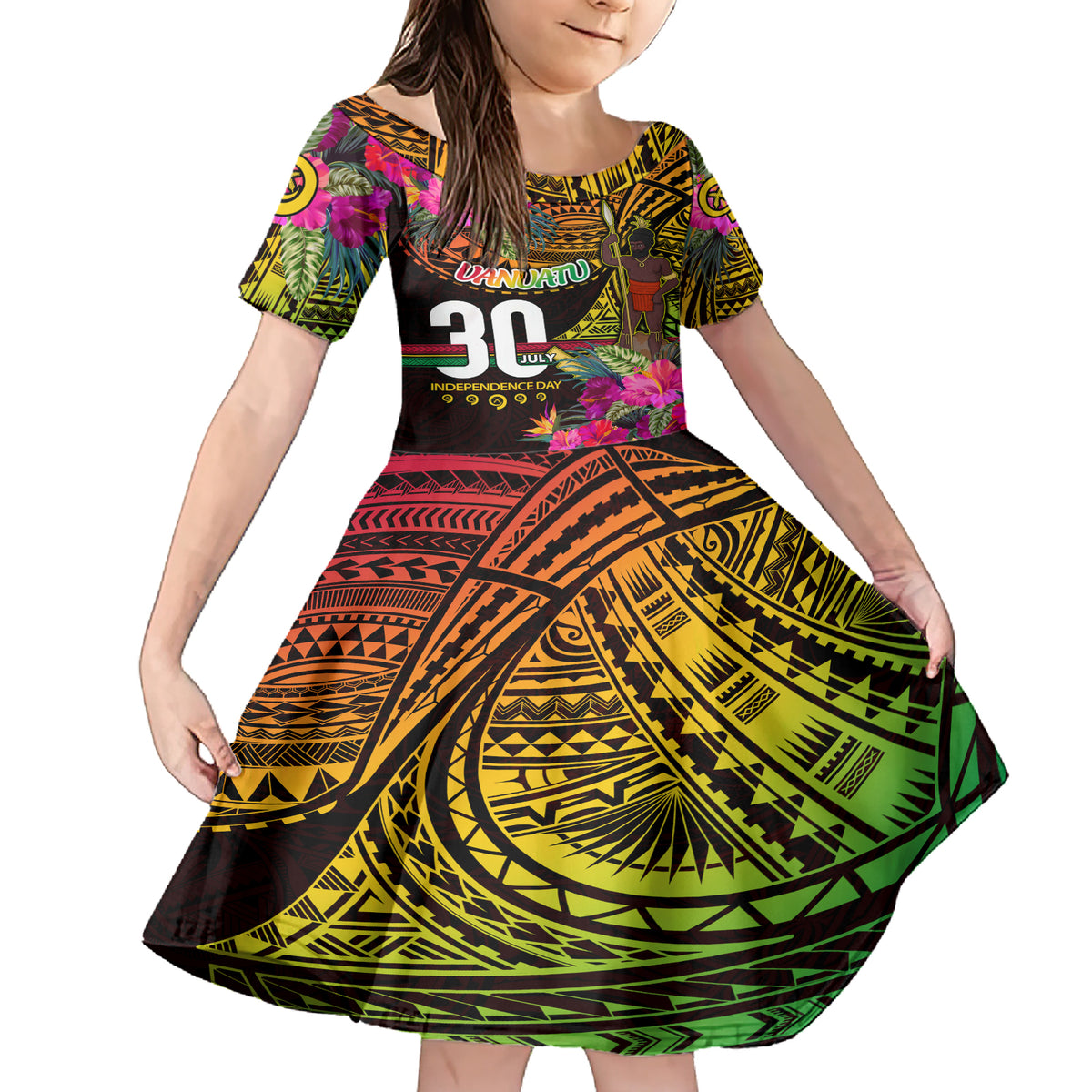 Personalised Vanuatu Independence Day 30 July Family Matching Short Sleeve Bodycon Dress and Hawaiian Shirt Hibiscus Polynesian Pattern DT02 Daughter's Dress Yellow - Polynesian Pride
