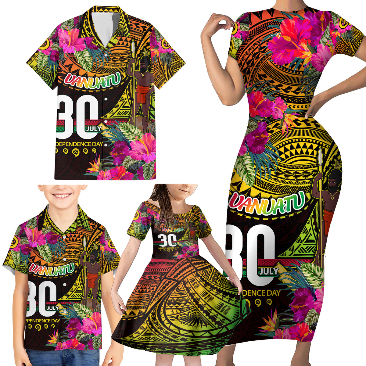 Personalised Vanuatu Independence Day 30 July Family Matching Short Sleeve Bodycon Dress and Hawaiian Shirt Hibiscus Polynesian Pattern DT02 - Polynesian Pride