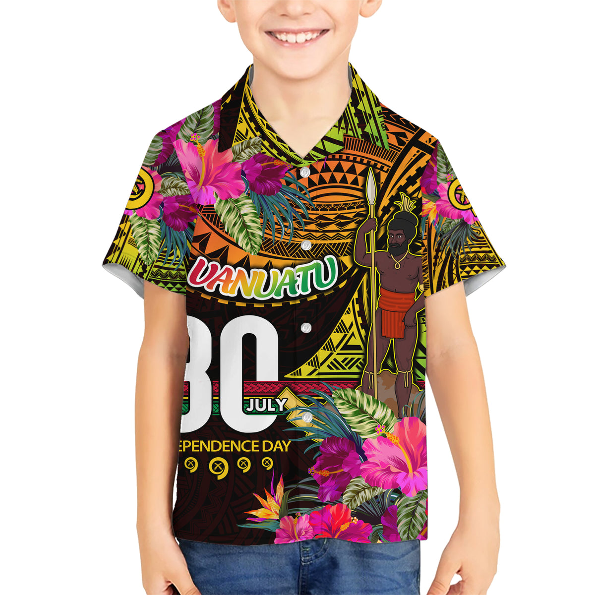 Personalised Vanuatu Independence Day 30 July Family Matching Short Sleeve Bodycon Dress and Hawaiian Shirt Hibiscus Polynesian Pattern DT02 Son's Shirt Yellow - Polynesian Pride
