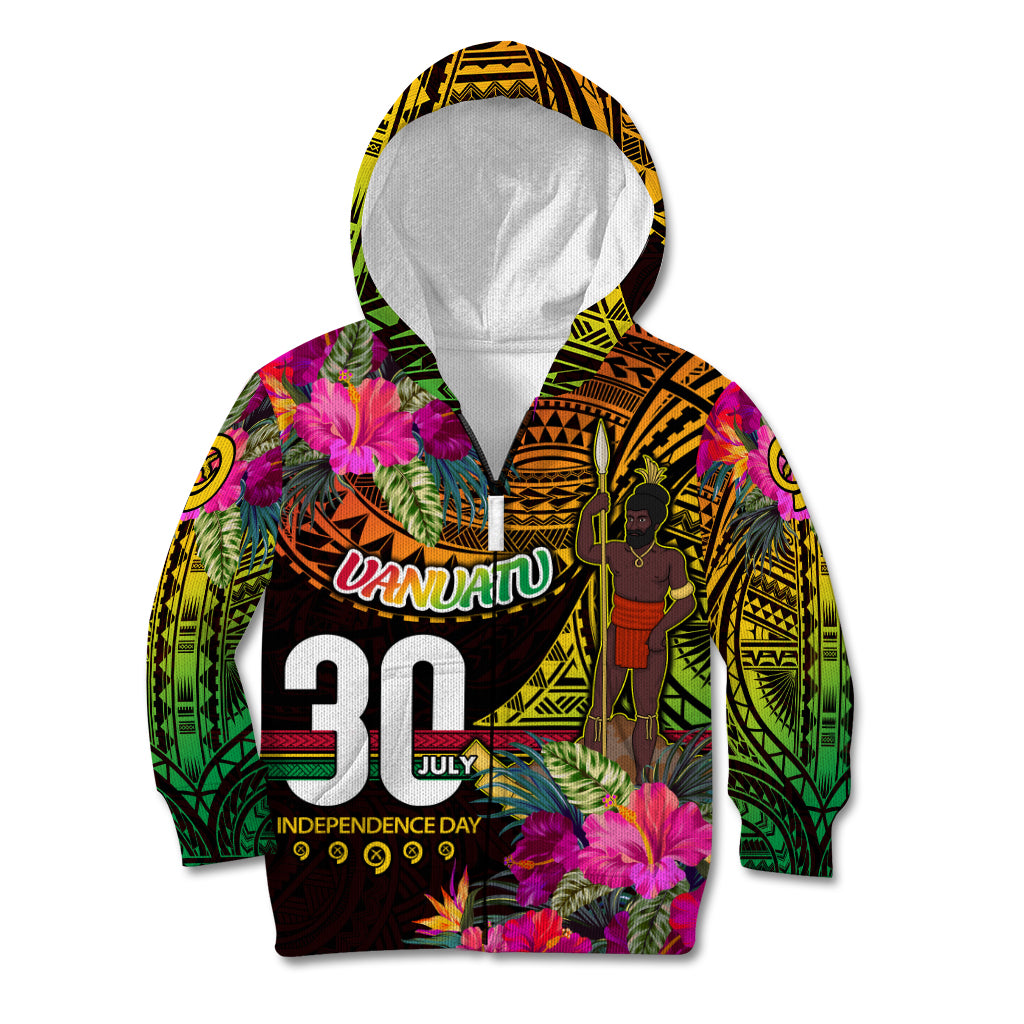 Personalised Vanuatu Independence Day 30 July Kid Hoodie Hibiscus Polynesian Pattern