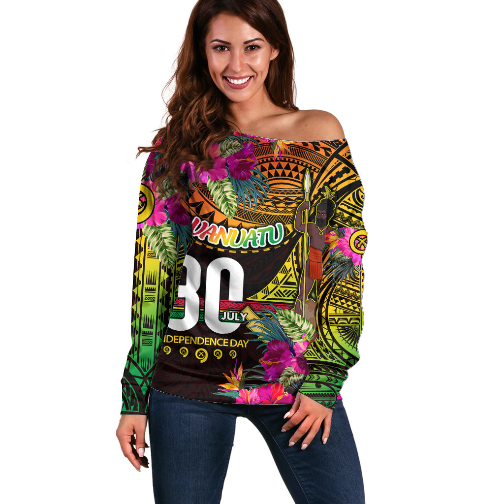 Personalised Vanuatu Independence Day 30 July Off Shoulder Sweater Hibiscus Polynesian Pattern