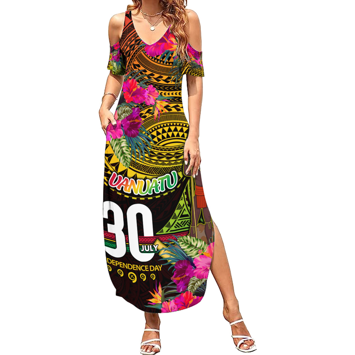 Personalised Vanuatu Independence Day 30 July Summer Maxi Dress Hibiscus Polynesian Pattern