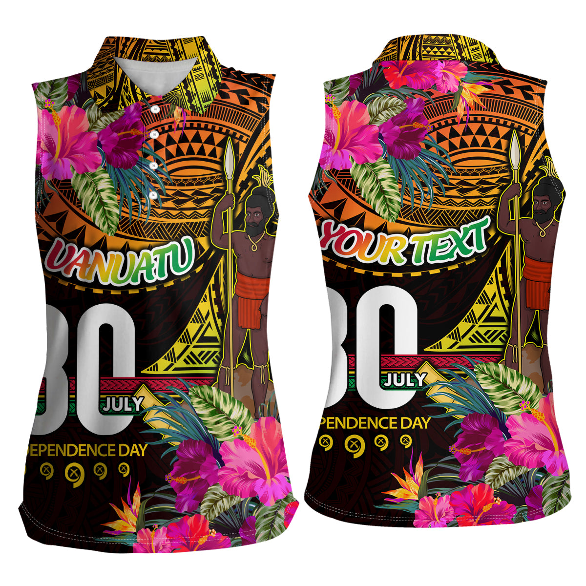 Personalised Vanuatu Independence Day 30 July Women Sleeveless Polo Shirt Hibiscus Polynesian Pattern