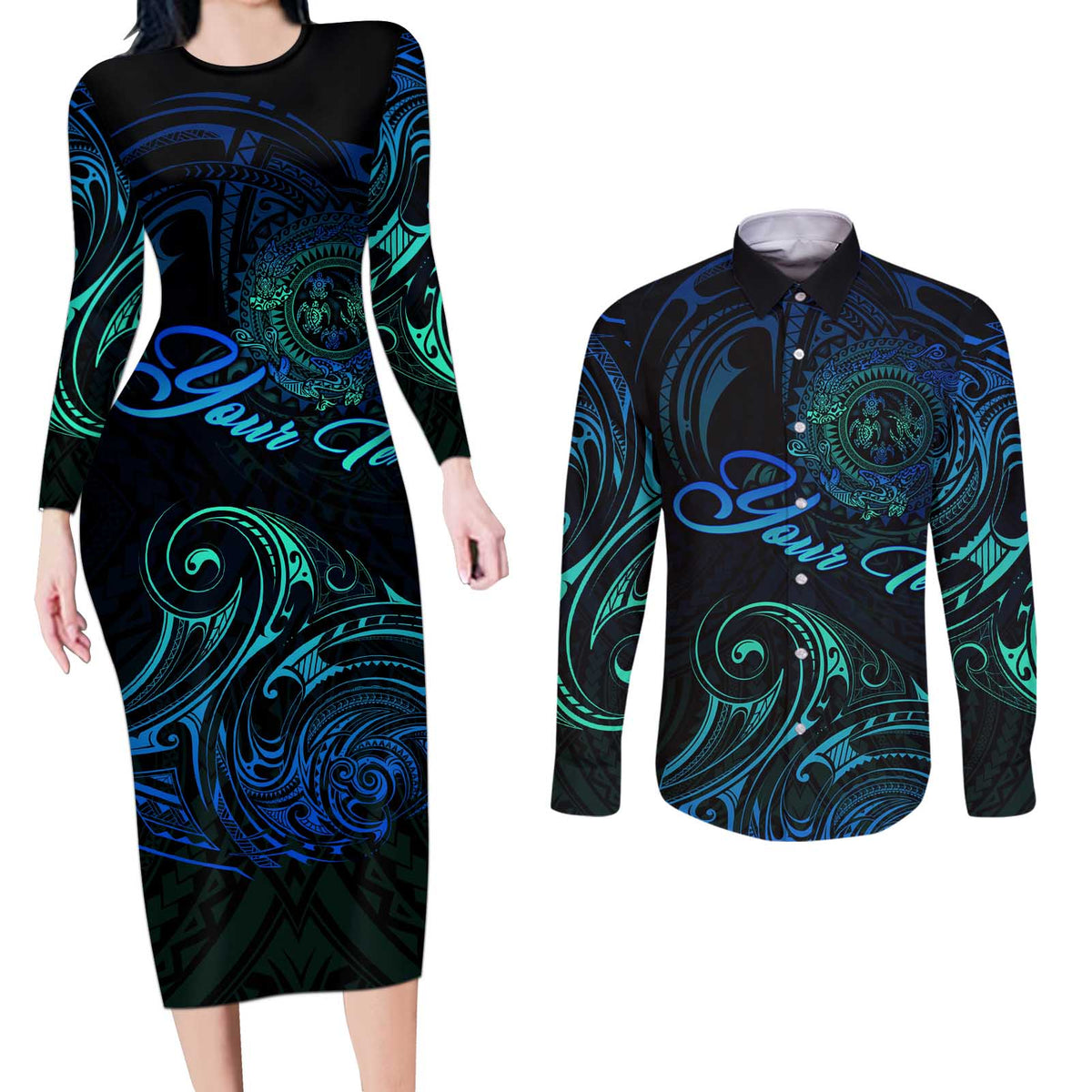 Sea Animal Polynesia Couples Matching Long Sleeve Bodycon Dress and Long Sleeve Button Shirt Polynesian Pattern