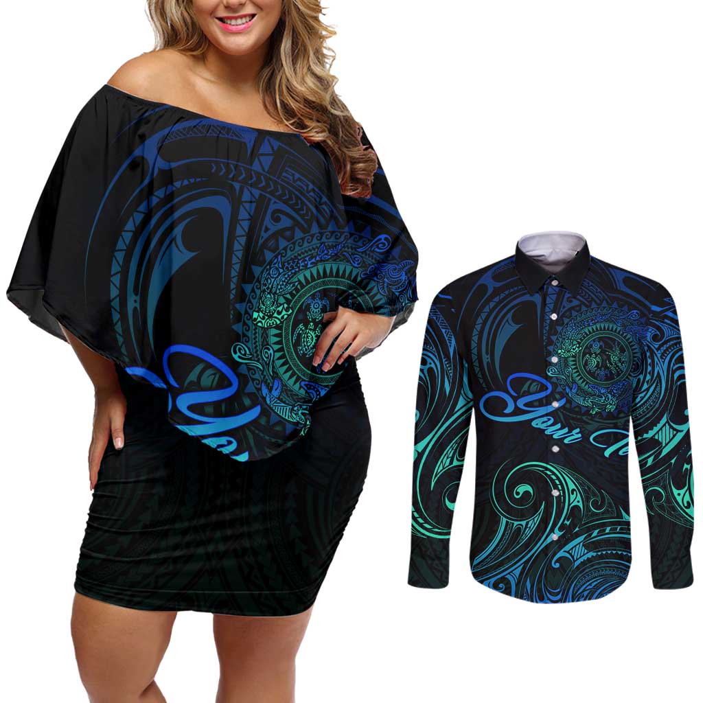 Sea Animal Polynesia Couples Matching Off Shoulder Short Dress and Long Sleeve Button Shirt Polynesian Pattern
