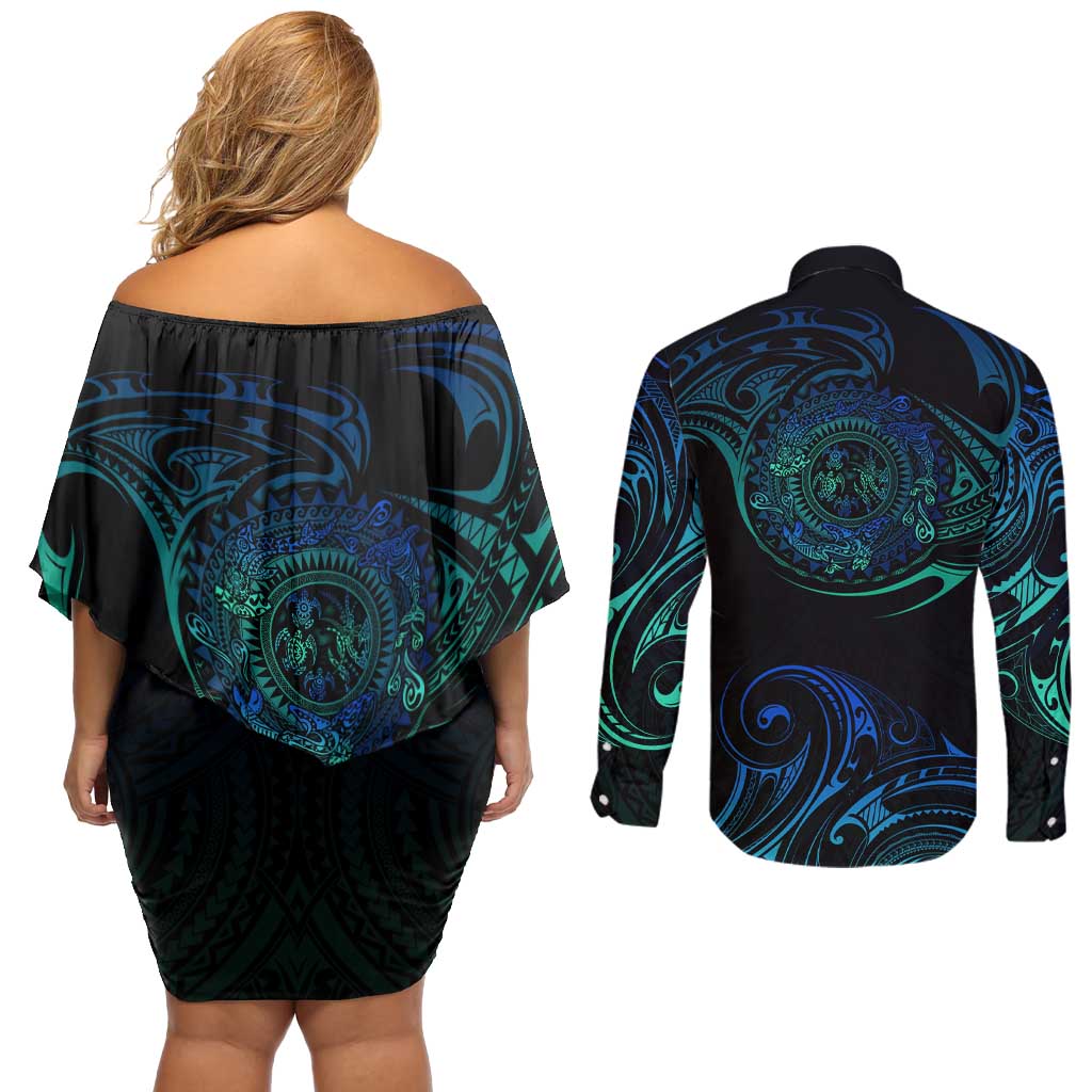 Sea Animal Polynesia Couples Matching Off Shoulder Short Dress and Long Sleeve Button Shirt Polynesian Pattern
