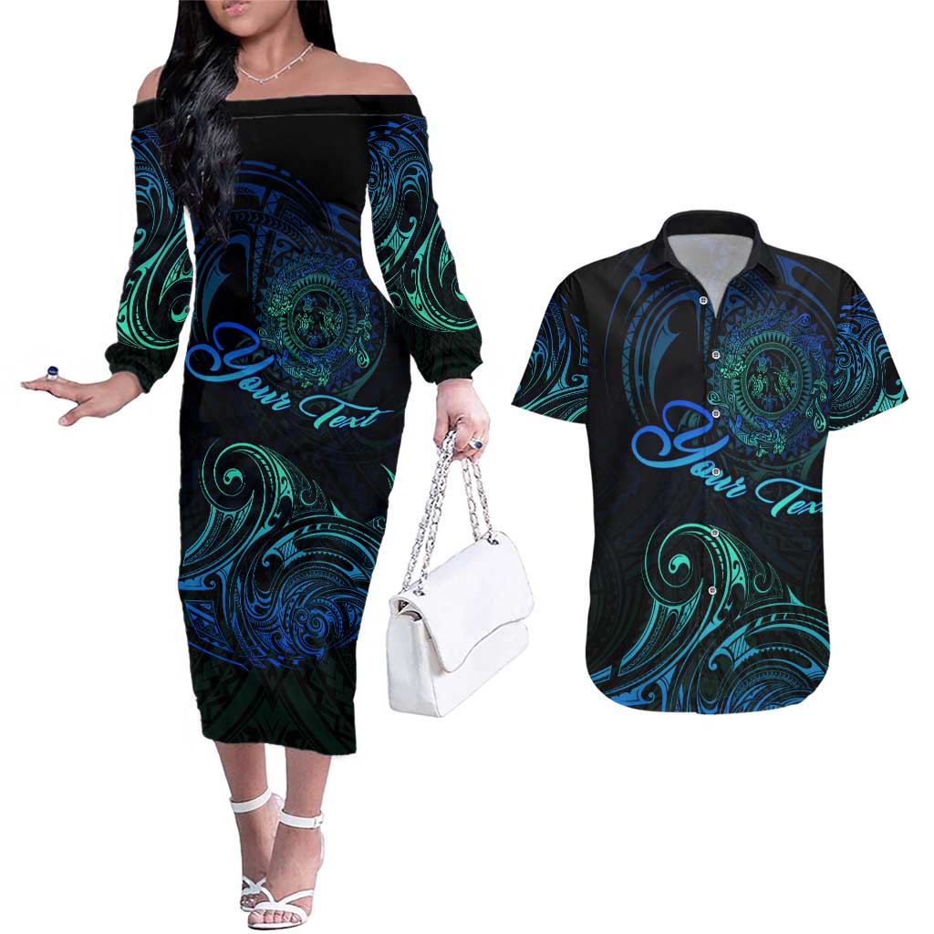 Sea Animal Polynesia Couples Matching Off The Shoulder Long Sleeve Dress and Hawaiian Shirt Polynesian Pattern