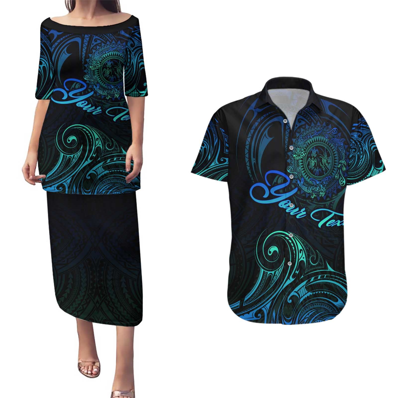 Sea Animal Polynesia Couples Matching Puletasi and Hawaiian Shirt Polynesian Pattern