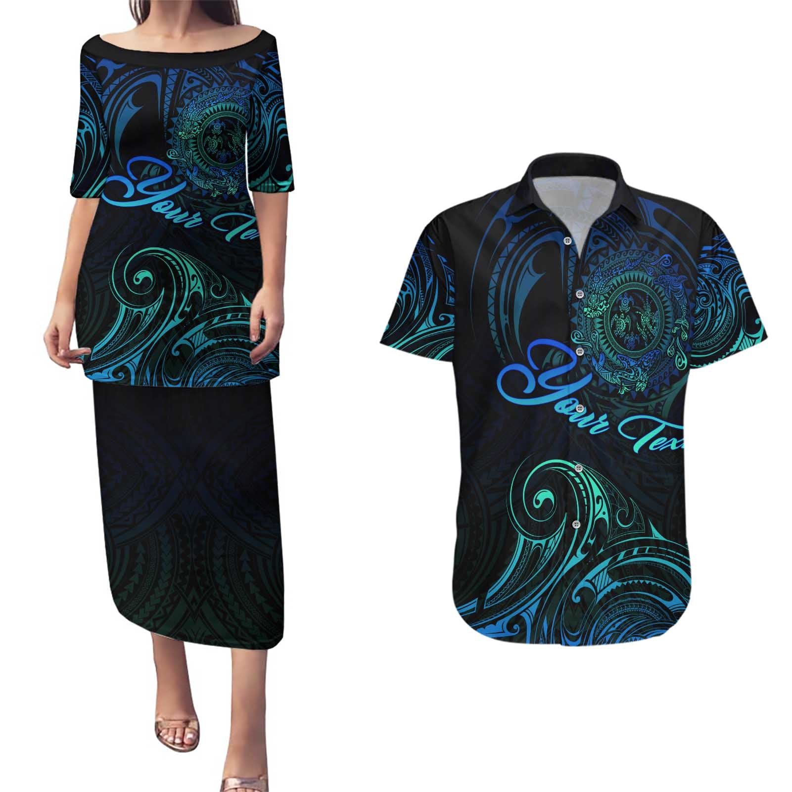 Sea Animal Polynesia Couples Matching Puletasi and Hawaiian Shirt Polynesian Pattern