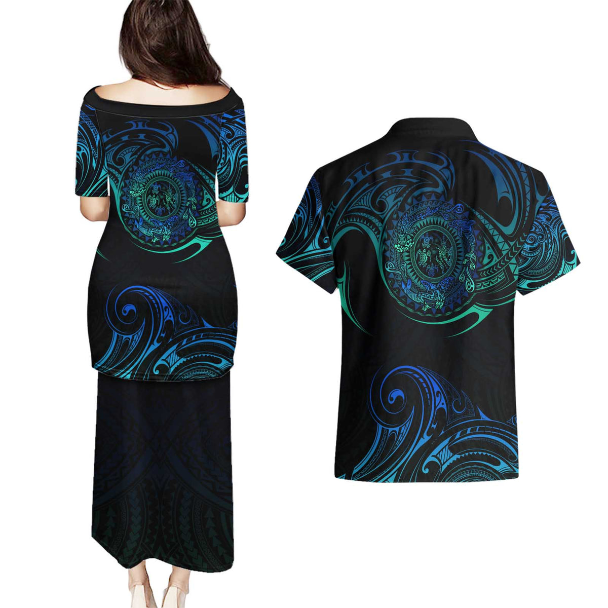 Sea Animal Polynesia Couples Matching Puletasi and Hawaiian Shirt Polynesian Pattern