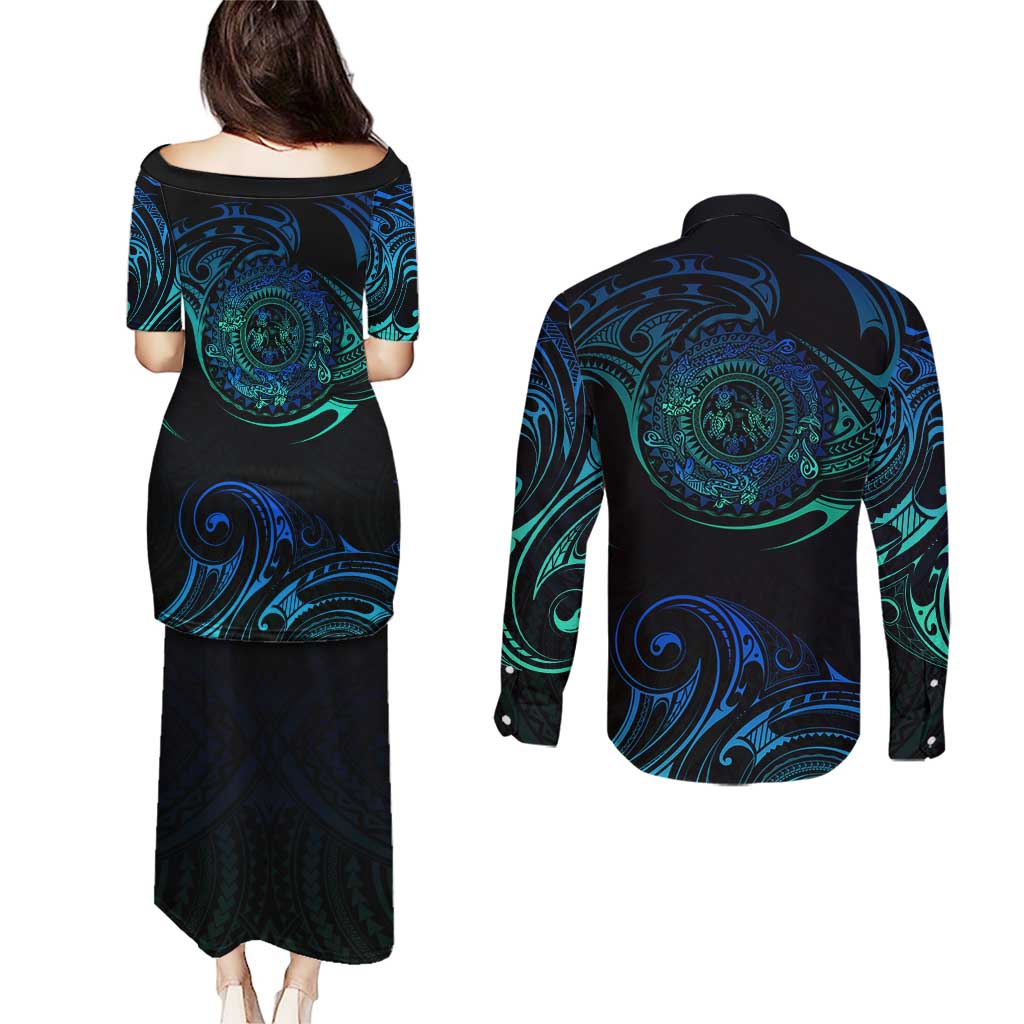 Sea Animal Polynesia Couples Matching Puletasi and Long Sleeve Button Shirt Polynesian Pattern DT02 - Polynesian Pride