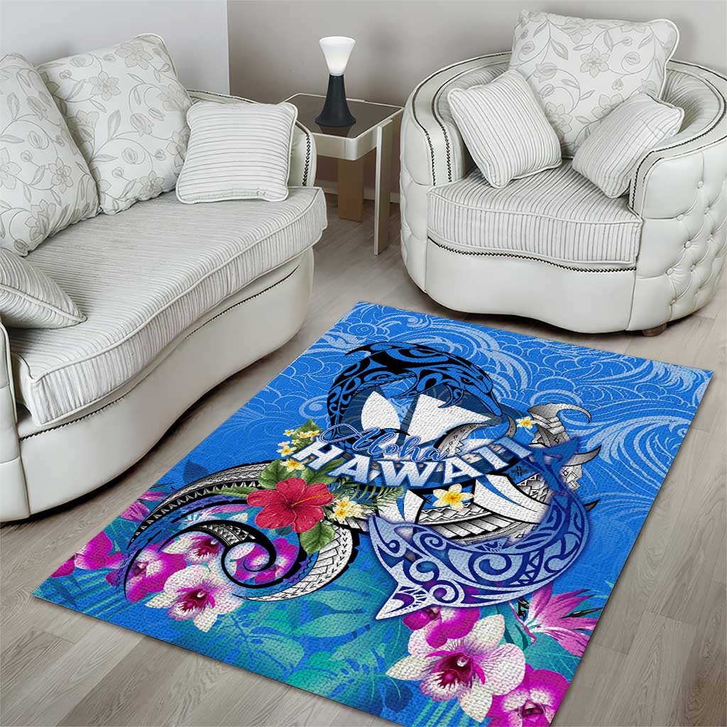 Aloha Hawaii Area Rug Dolphins and Fish Hook Hibiscus