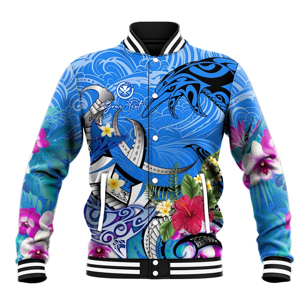 Aloha Hawaii Baseball Jacket Dolphins and Fish Hook Hibiscus