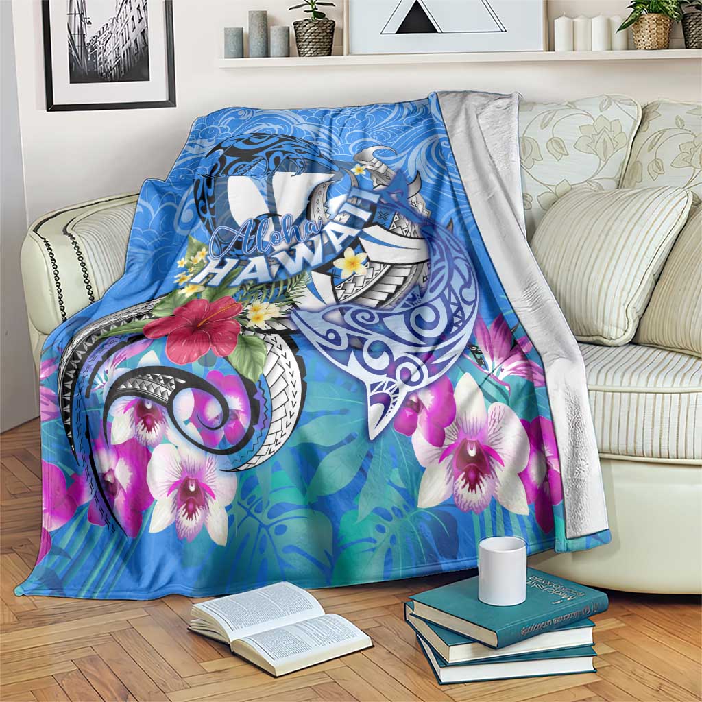 Aloha Hawaii Blanket Dolphins and Fish Hook Hibiscus